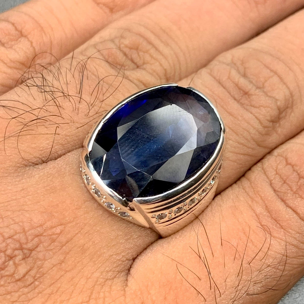 Handcrafted Big Blue Sapphire Ring, Mens Sapphire Ring, Sapphire 925 Sterling Silver Ring, Neelam Ring