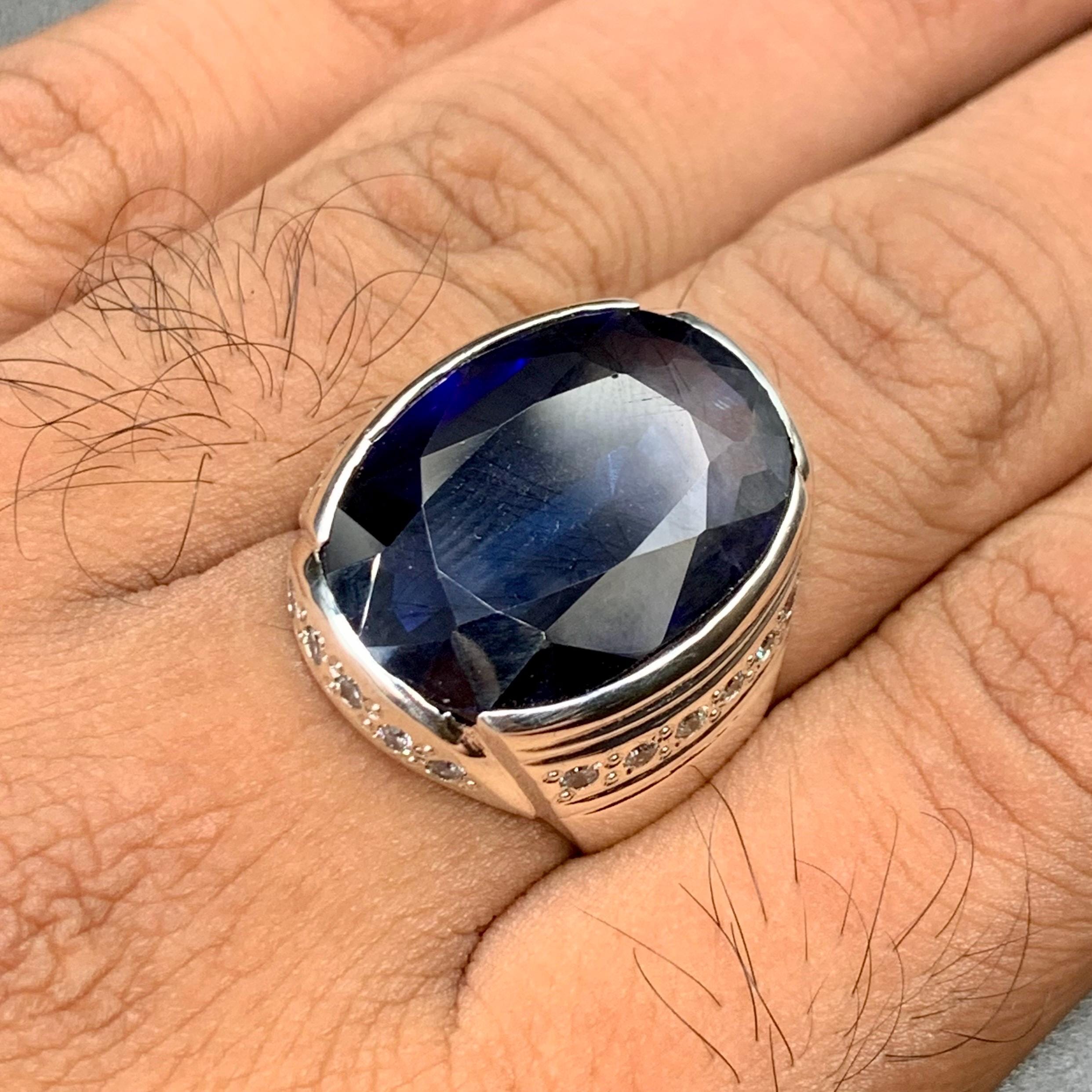 Handcrafted Big Blue Sapphire Ring, Mens Sapphire Ring, Sapphire 925 Sterling Silver Ring, Neelam Ring