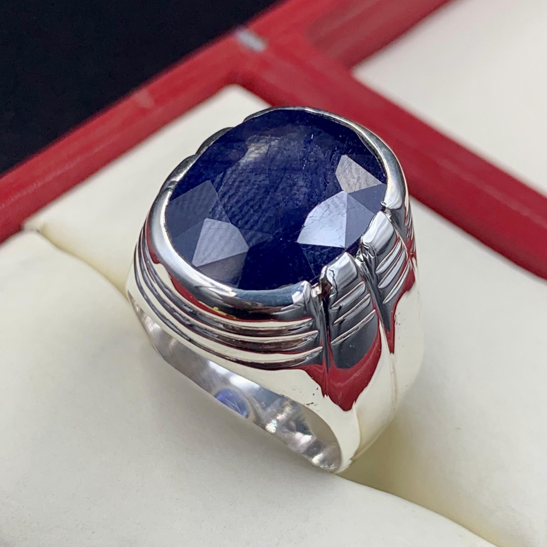 Handcrafted Big Blue Sapphire Ring, Mens Sapphire Ring, Natural Sapphire 925 Sterling Silver Ring, Neelam Ring