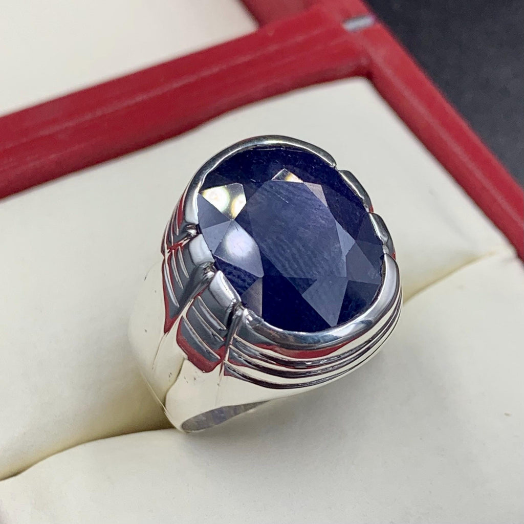 Handcrafted Big Blue Sapphire Ring, Mens Sapphire Ring, Natural Sapphire 925 Sterling Silver Ring, Neelam Ring