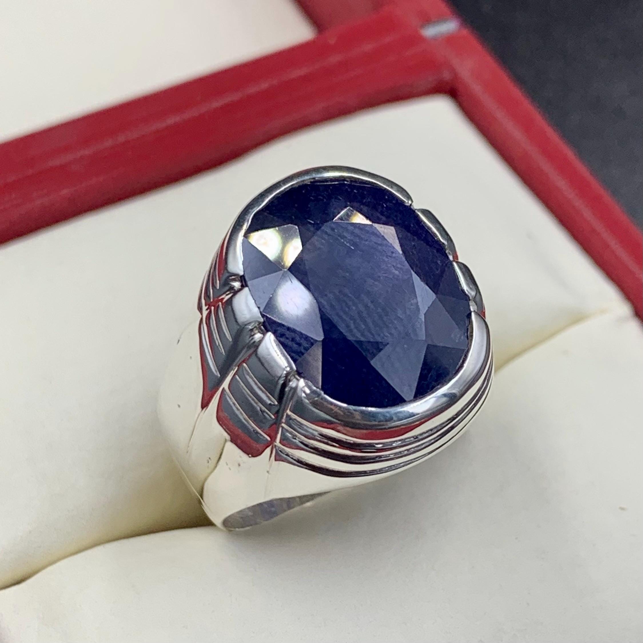 Handcrafted Big Blue Sapphire Ring, Mens Sapphire Ring, Natural Sapphire 925 Sterling Silver Ring, Neelam Ring