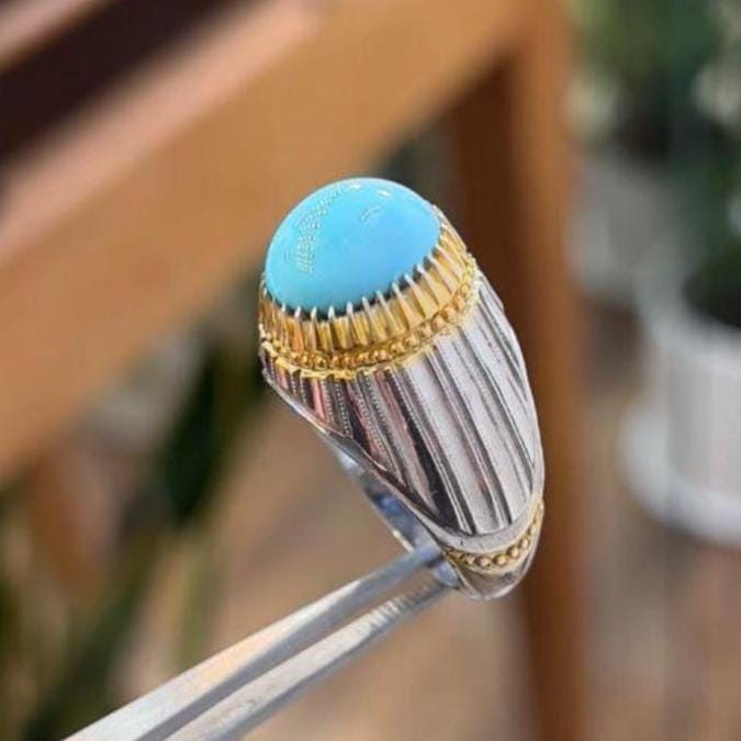 Handcrafted Men Turquoise Ring, 925 Sterling Silver For Men, Natural Feroza Ring, Shia Ring