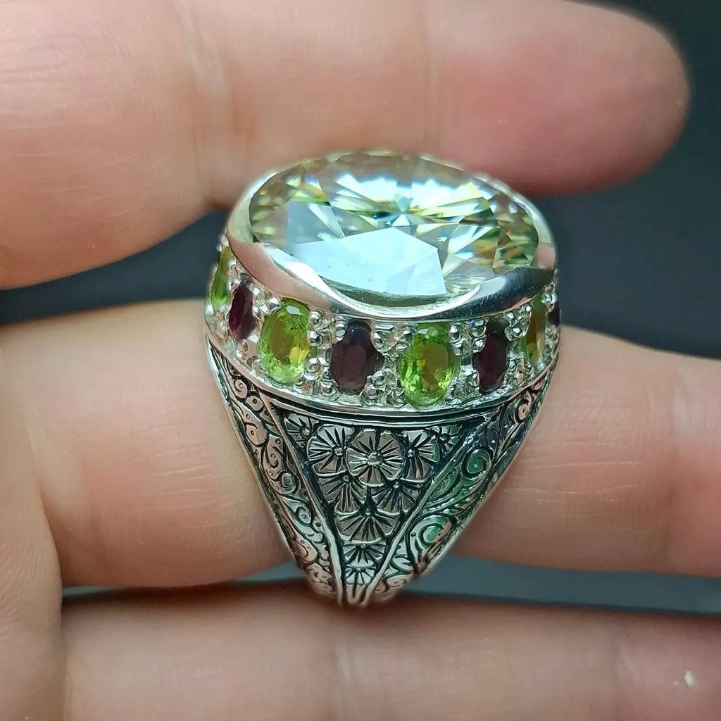 10 Carat Certified Moissanite Diamond Sterling Silver 925 Ring, Man Made Diamond Engagement Ring, Natural Peridot & Ruby