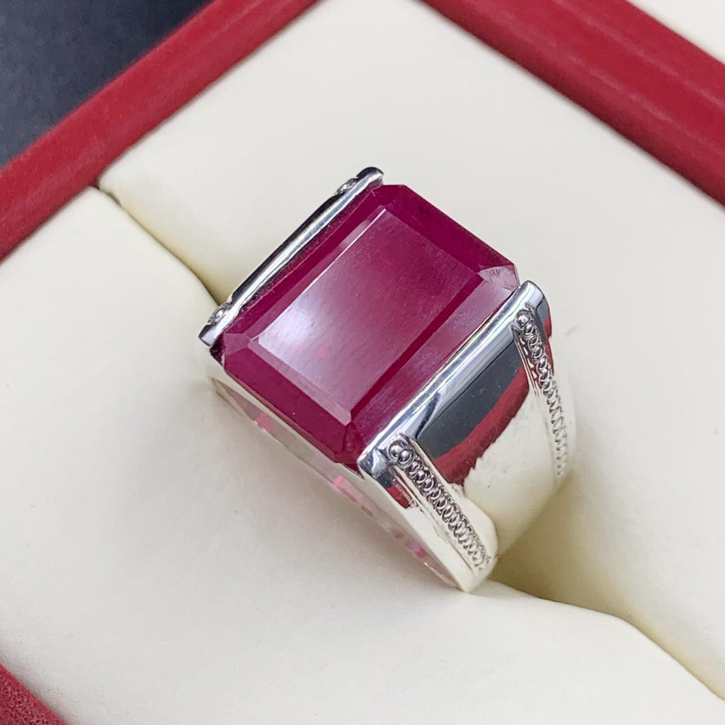Handcrafted Big Deep Red Ruby Mens Ring Sterling Silver 925 Anari Yaqoot Ring Roby Gemstone Ring