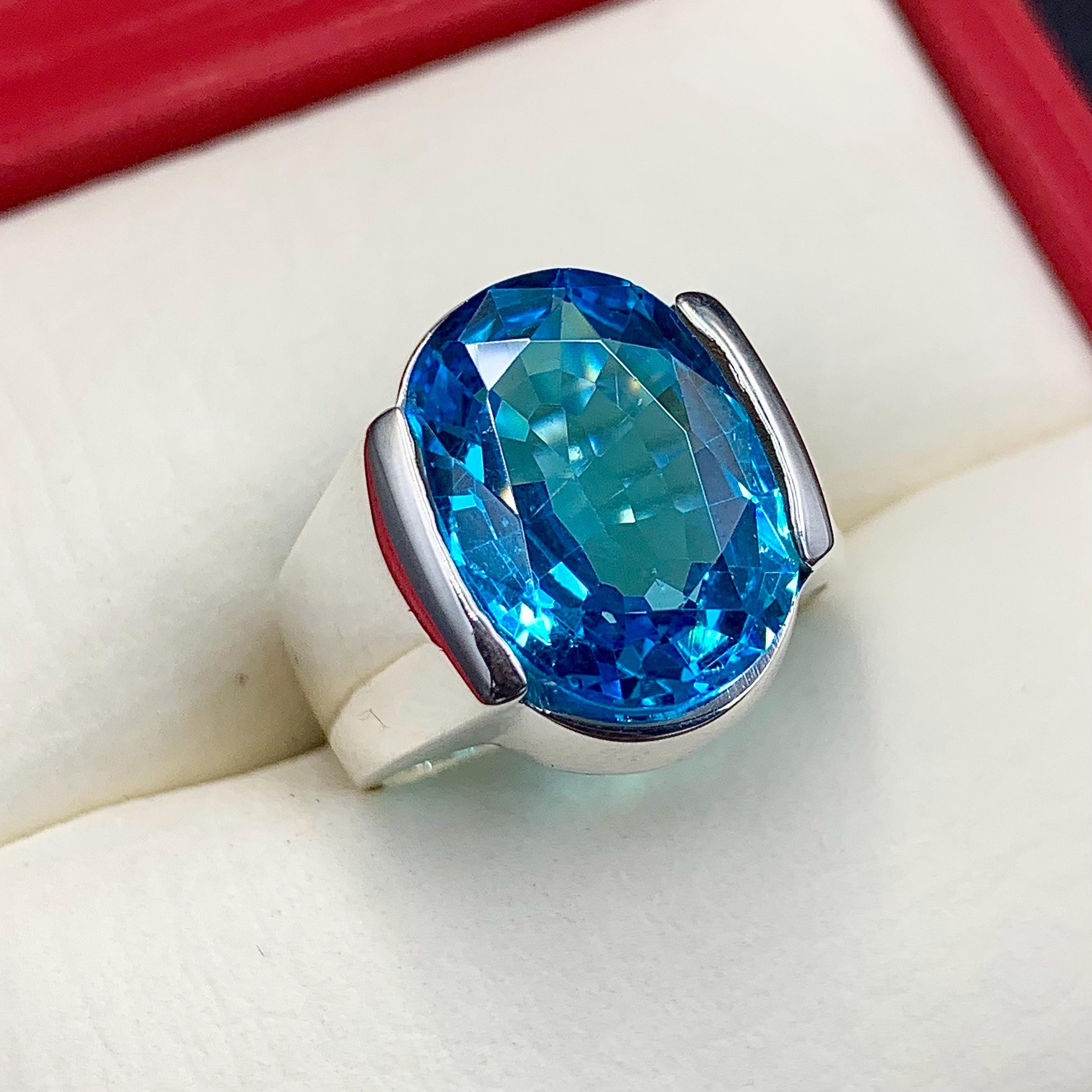 Handcrafted Blue Topaz Ring For Men, 925 Sterling Silver Topaz Stone Ring, Man Made Topaz Ring