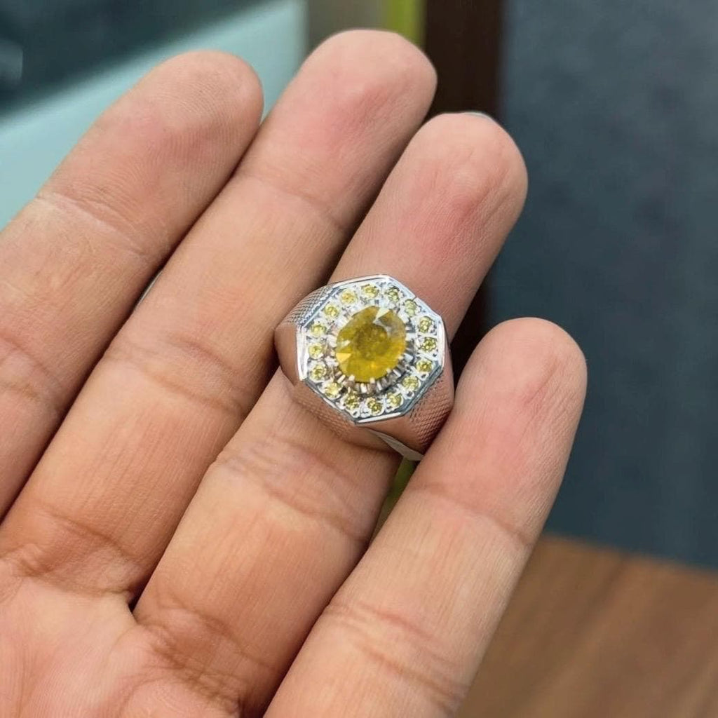 Handcrafted Mens Sapphire Ring, Yellow Sapphire Ring, Natural Sapphire 925 Sterling Silver Ring, Pukhraj Ring