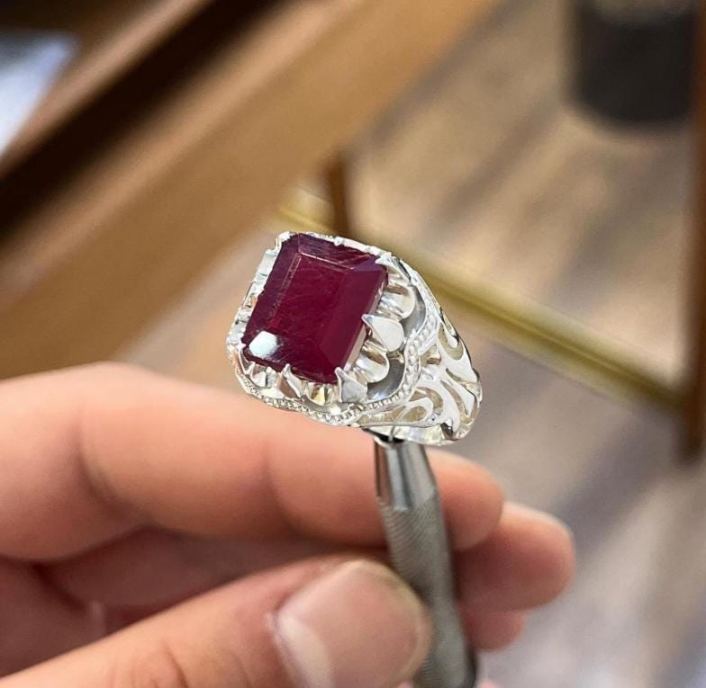 Handcrafted Emerald Cut Ruby Ring, Natural Ruby Sterling Silver 925 Yaqoot Ring Roby Gemstone Ring