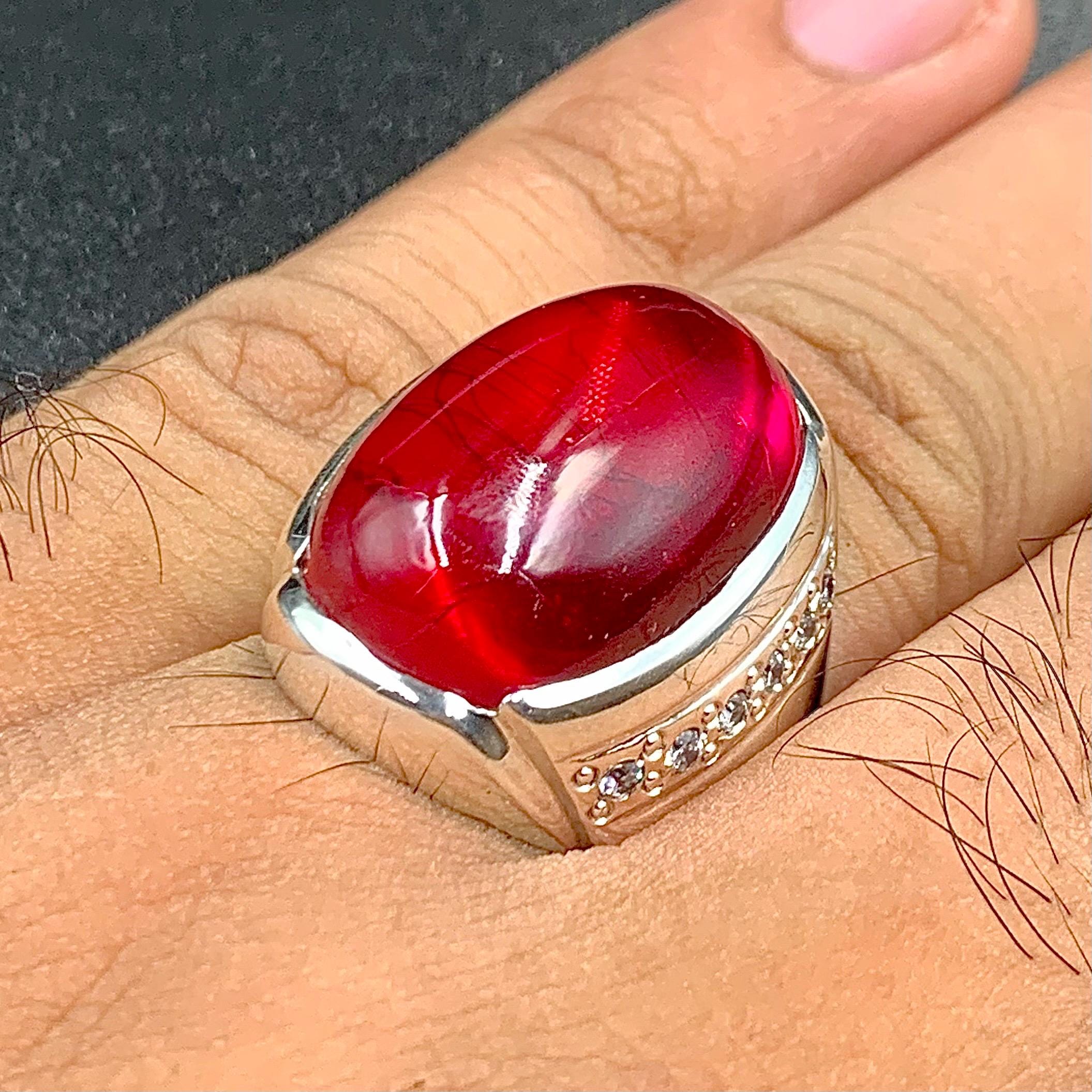 Handcrafted Big Deep Red Ruby Mens Ring Sterling Silver 925 Anari Yaqoot Ring Roby Gemstone Ring