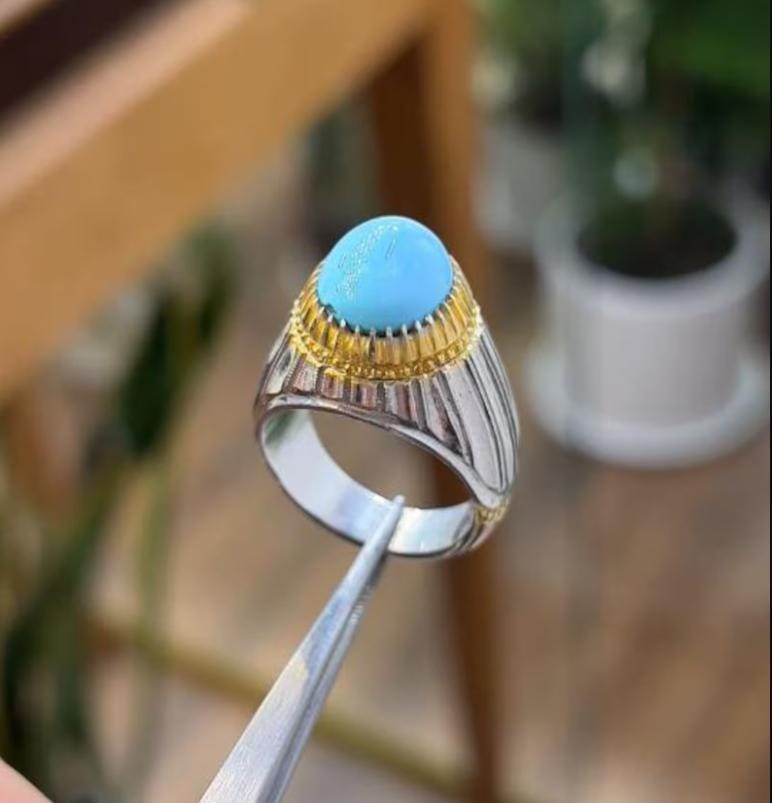 Handcrafted Men Turquoise Ring, 925 Sterling Silver For Men, Natural Feroza Ring, Shia Ring