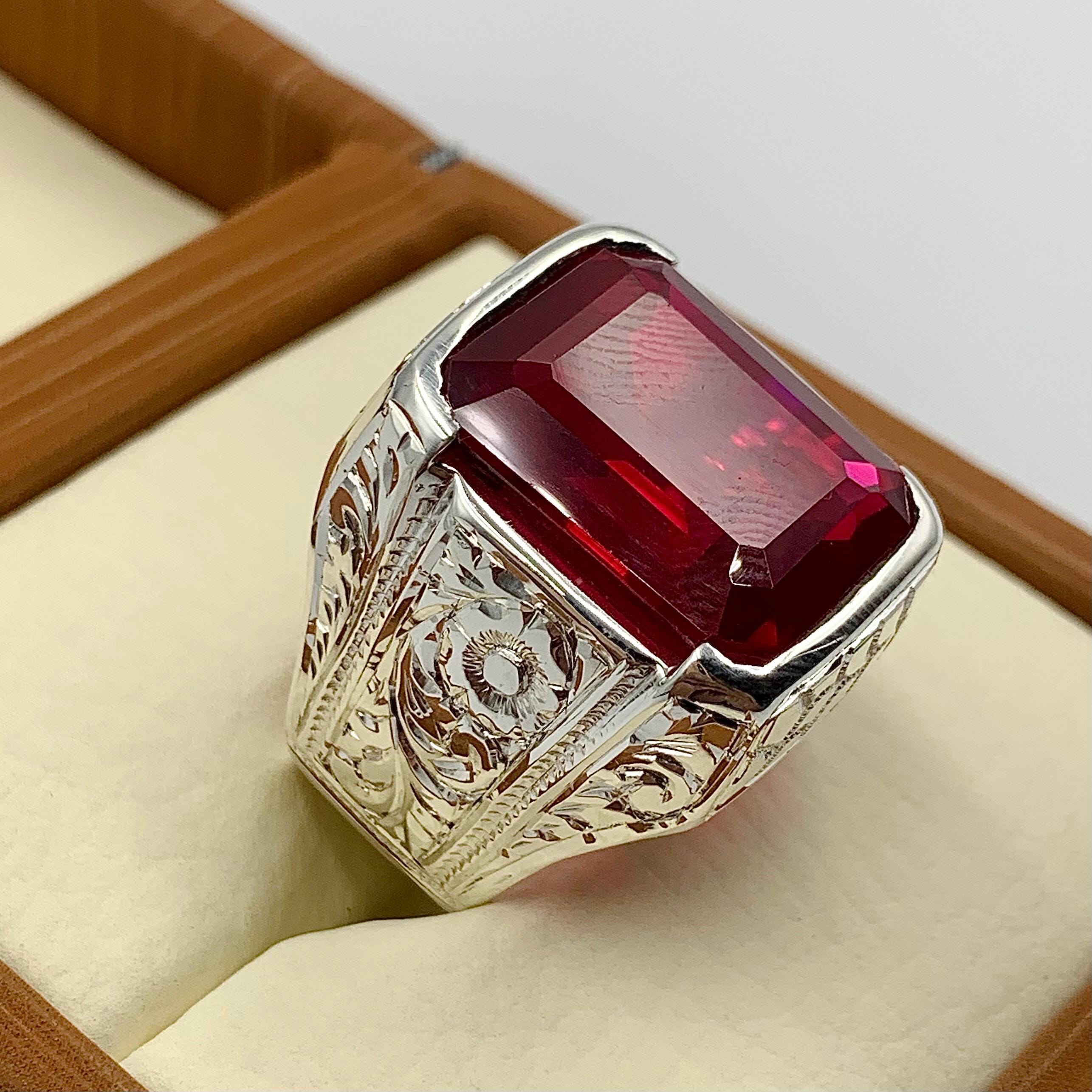 Handcrafted Big Deep Red Ruby Mens Ring Sterling Silver 925 Anari Yaqoot Ring Roby Gemstone Ring