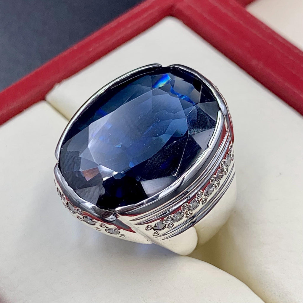 Handcrafted Big Blue Sapphire Ring, Mens Sapphire Ring, Sapphire 925 Sterling Silver Ring, Neelam Ring