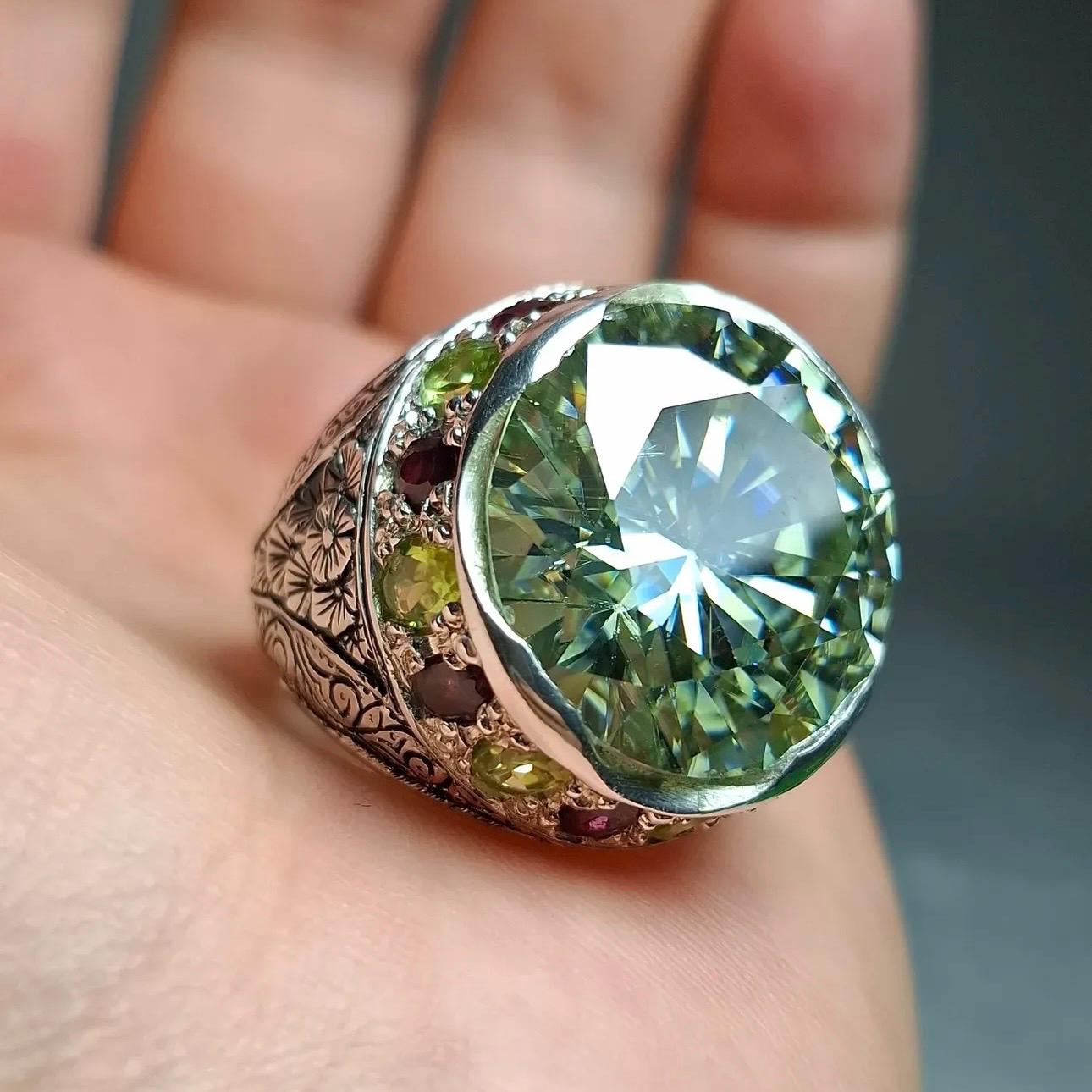 10 Carat Certified Moissanite Diamond Sterling Silver 925 Ring, Man Made Diamond Engagement Ring, Natural Peridot & Ruby