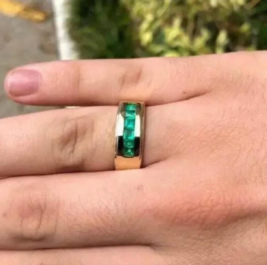 Handcrafted Genuine Green Emerald Men's Ring, Gold Plated 925 Sterling Silver Ring, Statement Ring, Gift For Christmas