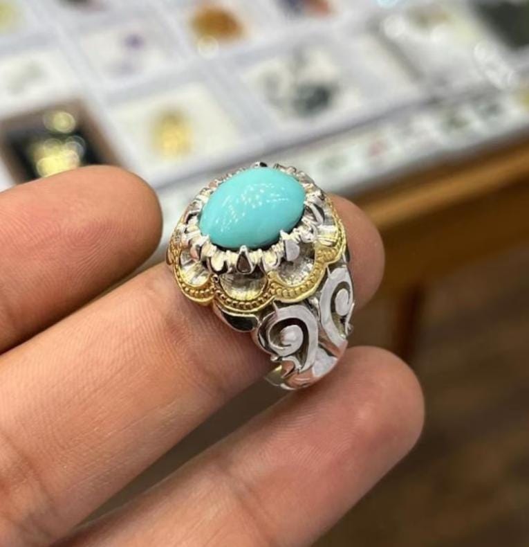 Handcrafted Men Turquoise Ring, 925 Sterling Silver For Men, Natural Feroza Ring, Shia Ring