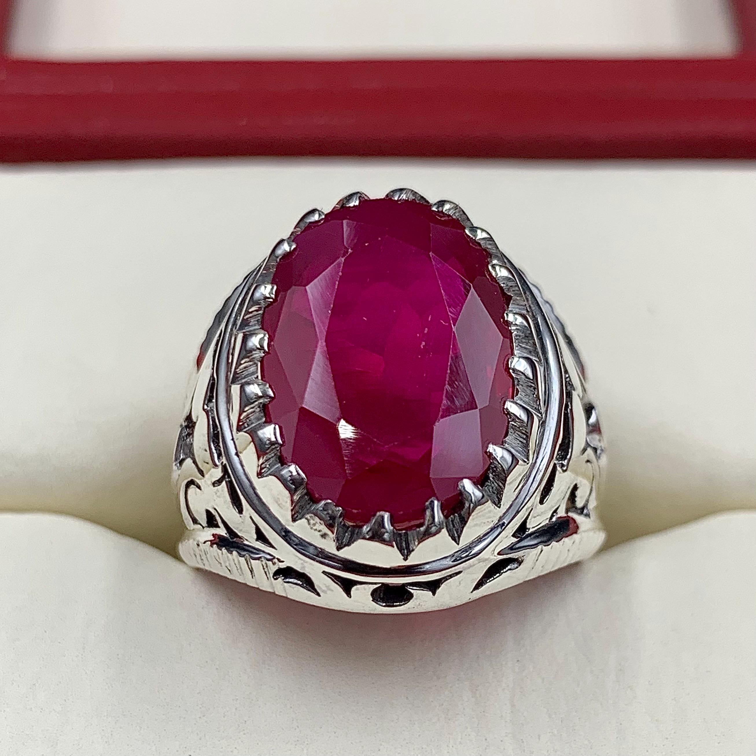 Handcrafted Big Deep Red Ruby Mens Ring Sterling Silver 925 Anari Yaqoot Ring Roby Gemstone Ring