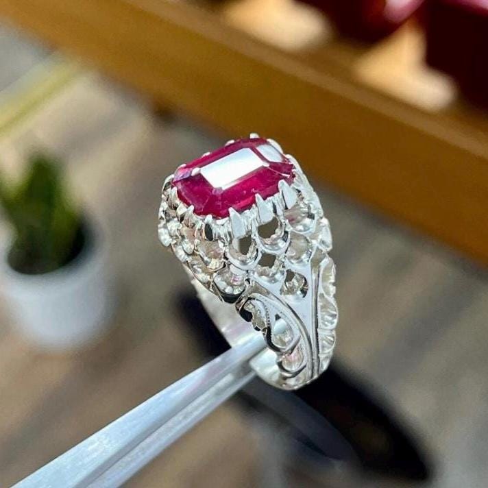 Handcrafted Emerald Cut Ruby Ring, Natural Ruby Sterling Silver 925 Yaqoot Ring Roby Gemstone Ring