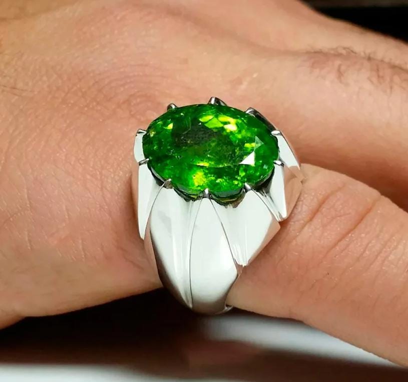 Handcrafted Big Peridot Ring For Men, Green Peridot Ring With 925 Sterling Silver, August Birthstone Ring