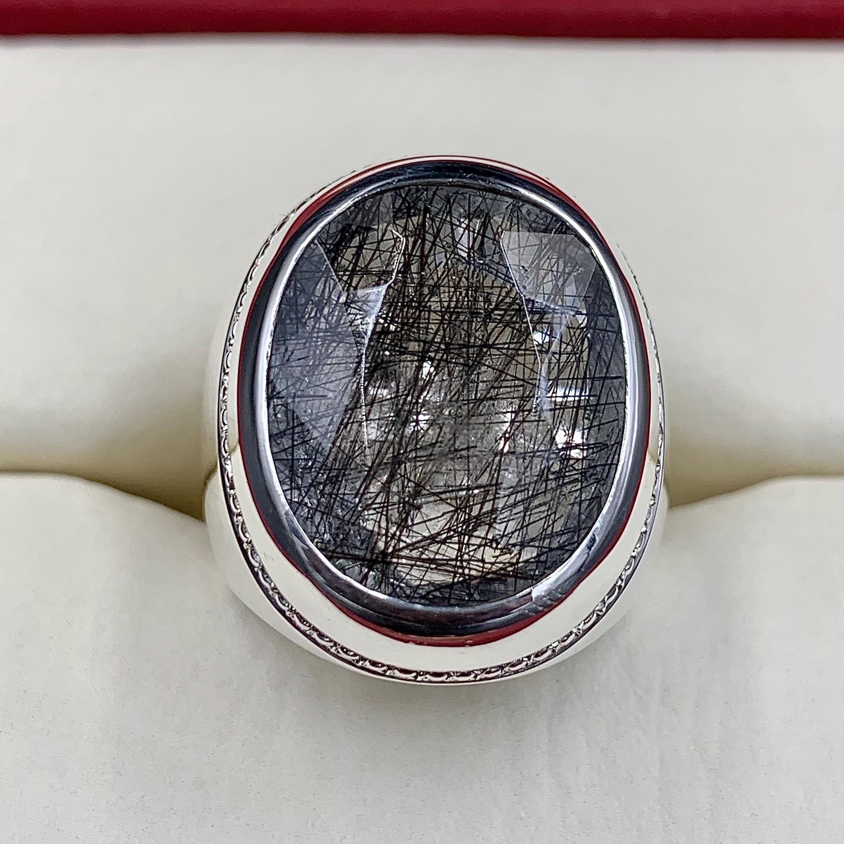 Handcrafted Big Black Rutilated Quartz 925 Sterling Silver Ring, Natural MuheNajaf Ring For Men, Shia Ring