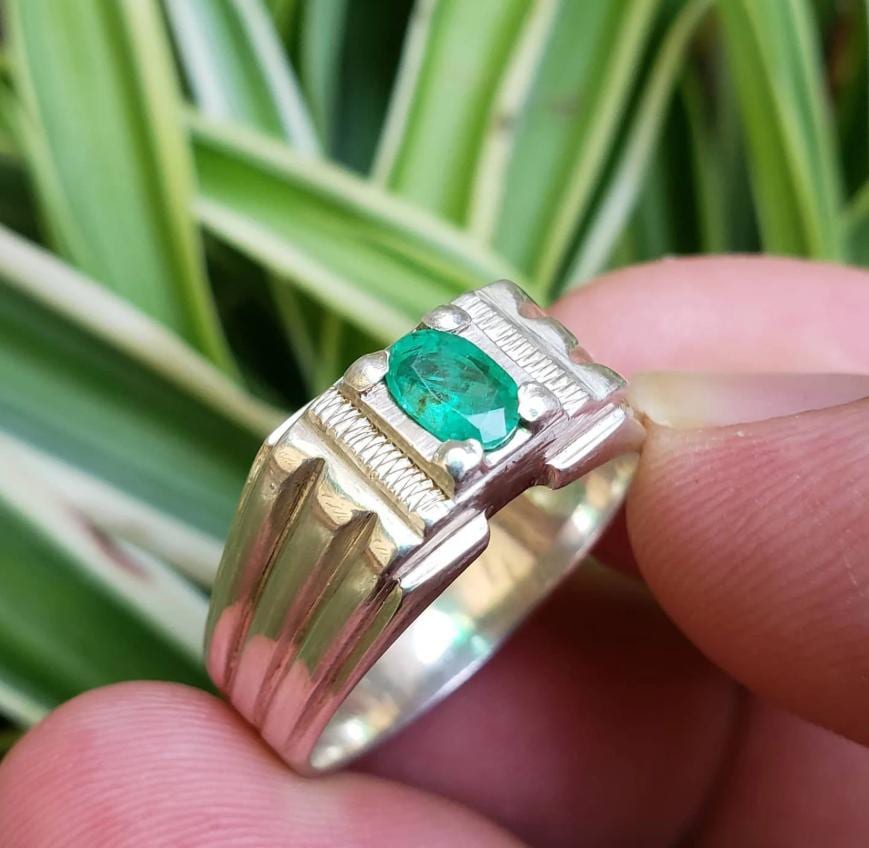 Handcrafted Mens Emerald Ring, Natural Emerald 925 Sterling Silver Ring, Zamurd Ring For Men