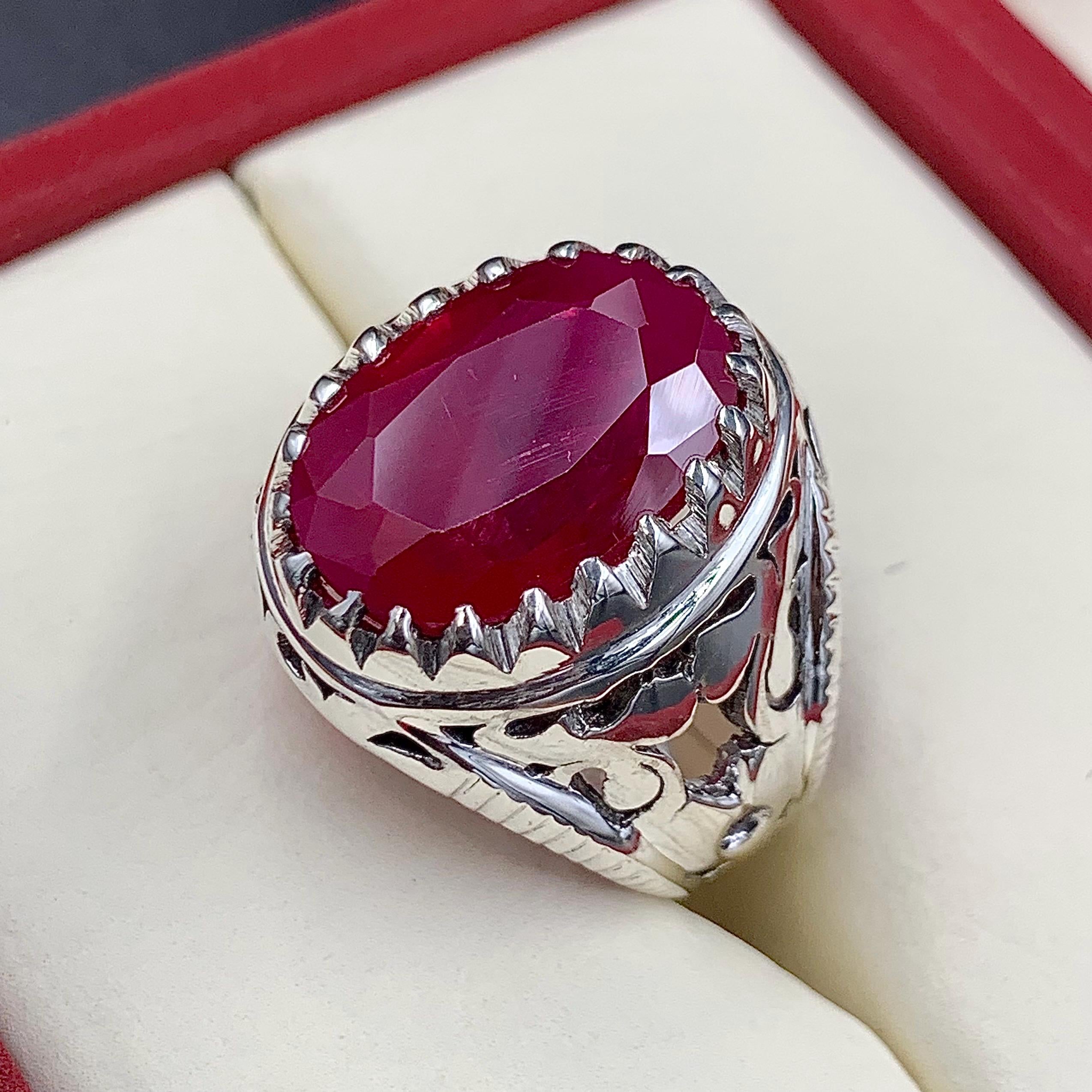 Handcrafted Big Deep Red Ruby Mens Ring Sterling Silver 925 Anari Yaqoot Ring Roby Gemstone Ring