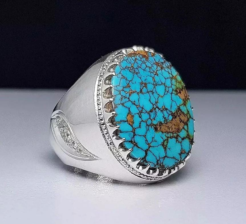Handcrafted Big Turquoise Ring, 925 Sterling Silver For Men, Natural Shajri Feroza Ring, Shia Ring