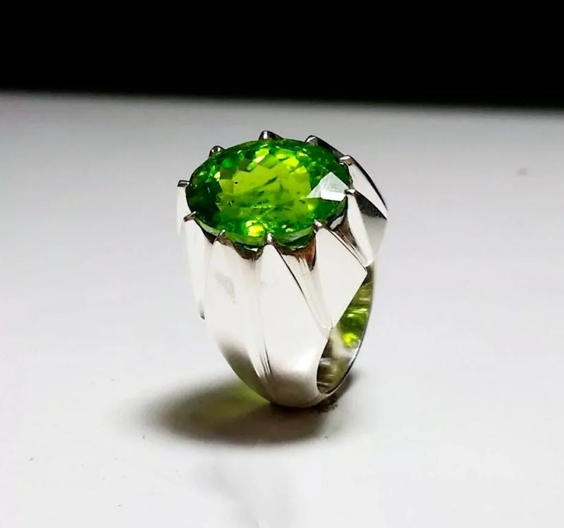 Handcrafted Big Peridot Ring For Men, Green Peridot Ring With 925 Sterling Silver, August Birthstone Ring