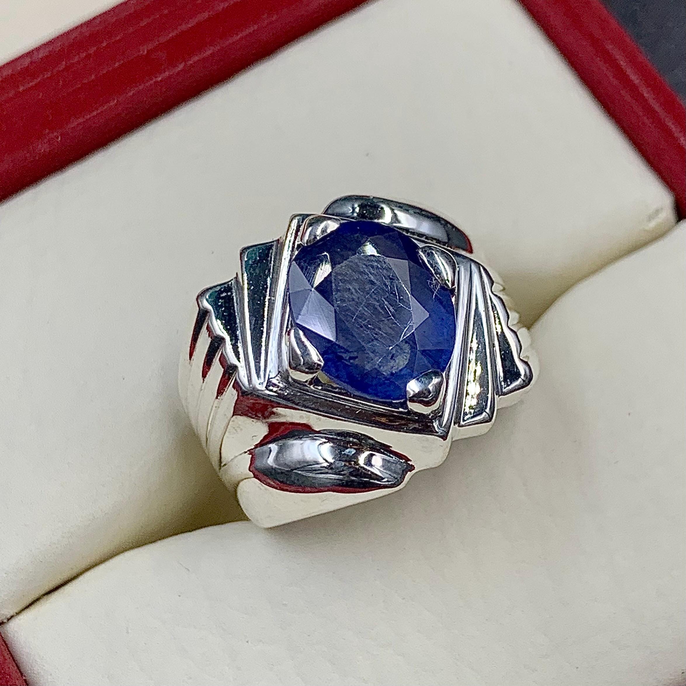 Handcrafted Mens Sapphire Ring, Blue Sapphire Ring, Natural Sapphire 925 Sterling Silver Ring, Neelam Ring