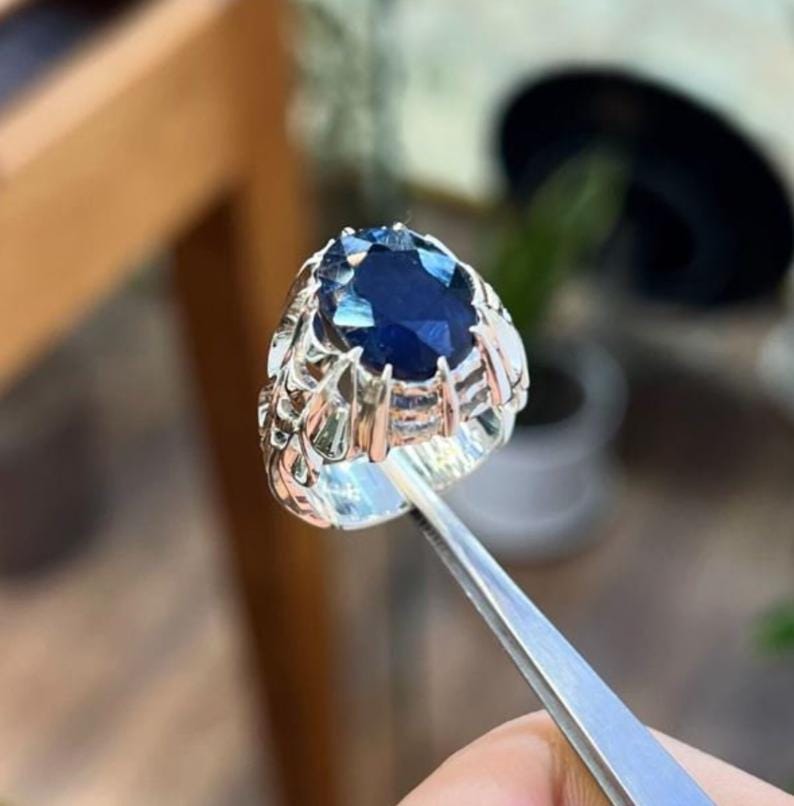 Handcrafted 10 Carats Sapphire Ring, Mens Sapphire Ring, Natural Sapphire 925 Sterling Silver Ring, Neelam Ring
