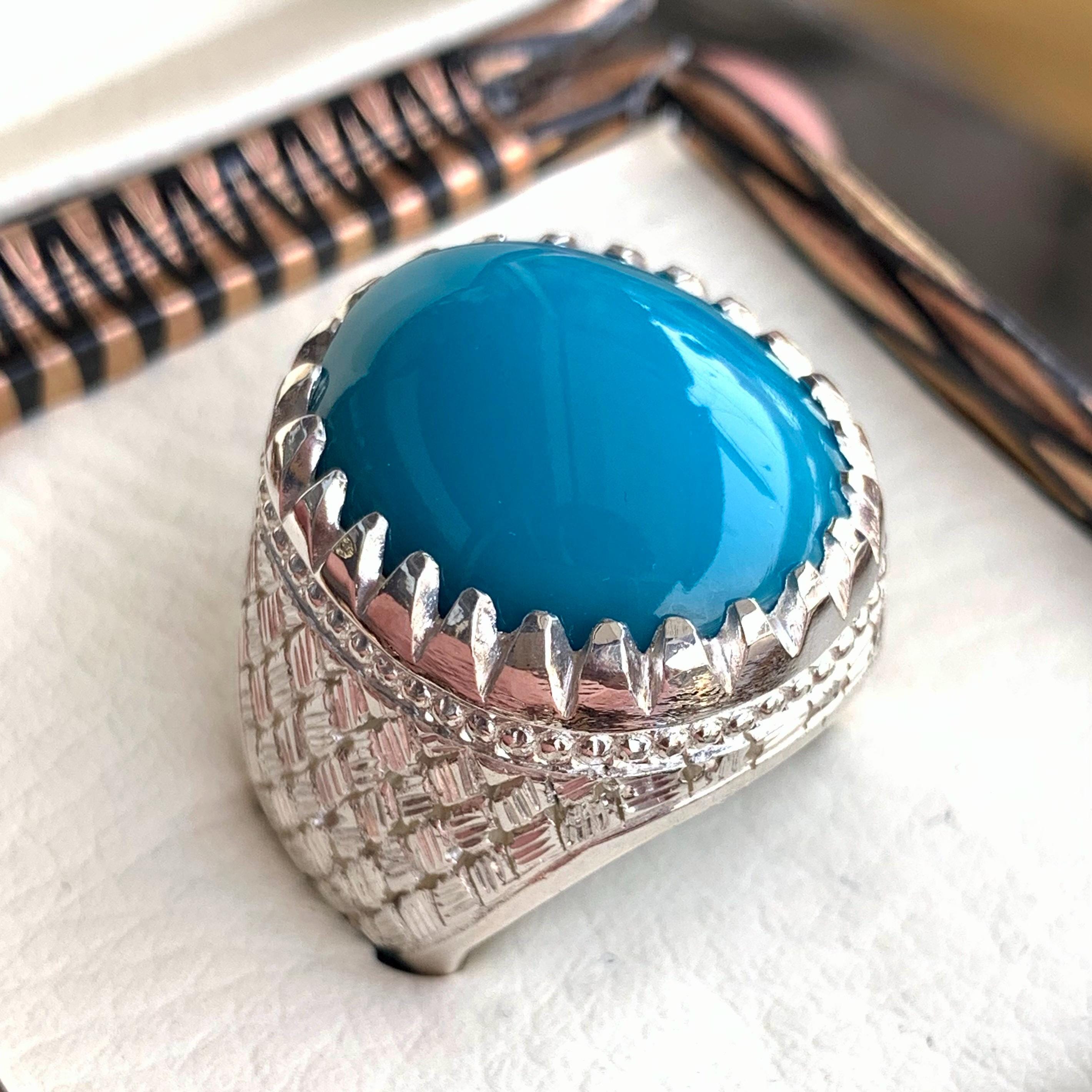 Handcrafted Big Turquoise Ring, 925 Sterling Silver For Men, Natural Feroza Ring, Shia Ring