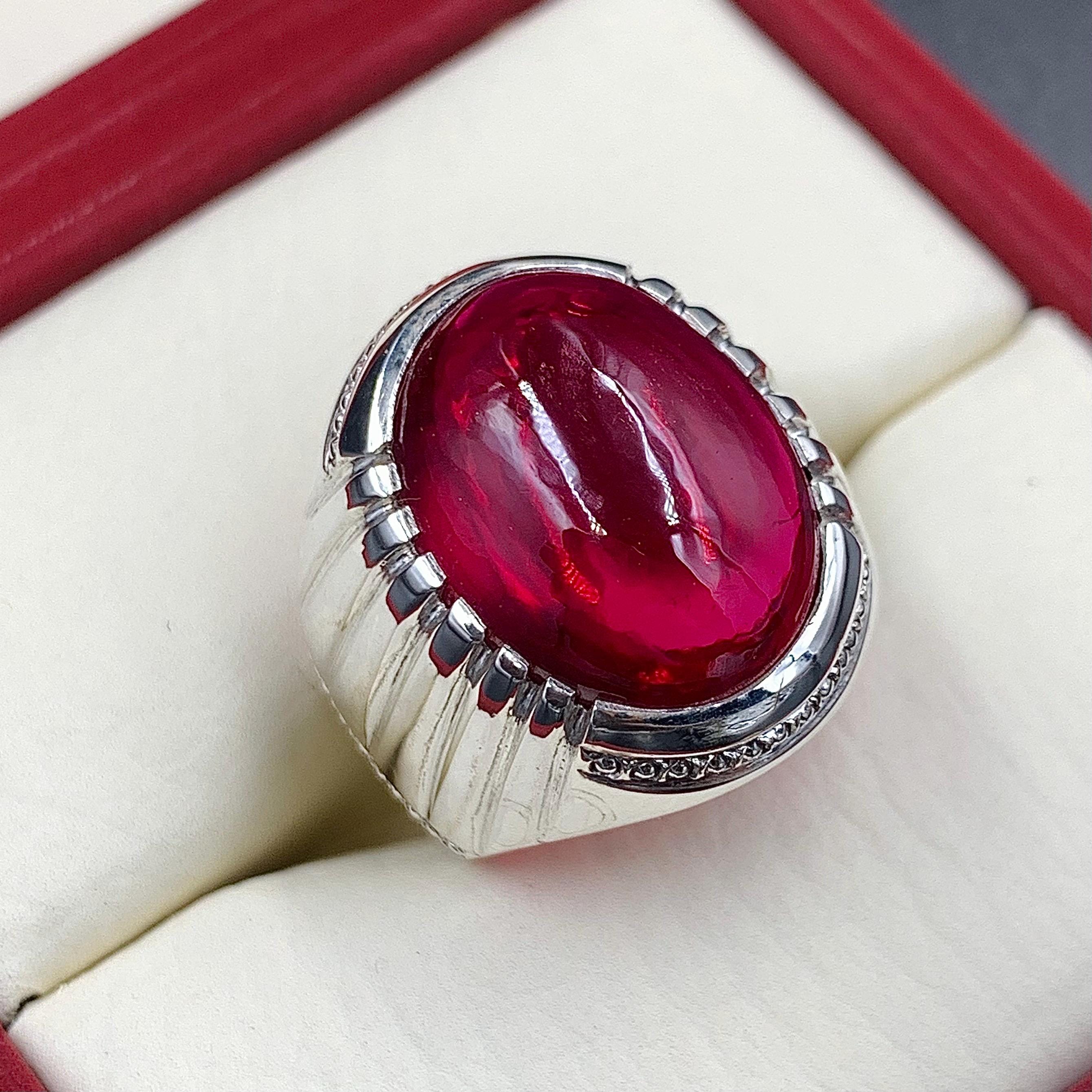 Handcrafted Big Deep Red Ruby Mens Ring Sterling Silver 925 Anari Yaqoot Ring Roby Gemstone Ring