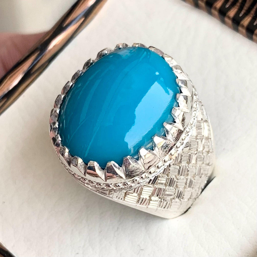 Handcrafted Big Turquoise Ring, 925 Sterling Silver For Men, Natural Feroza Ring, Shia Ring