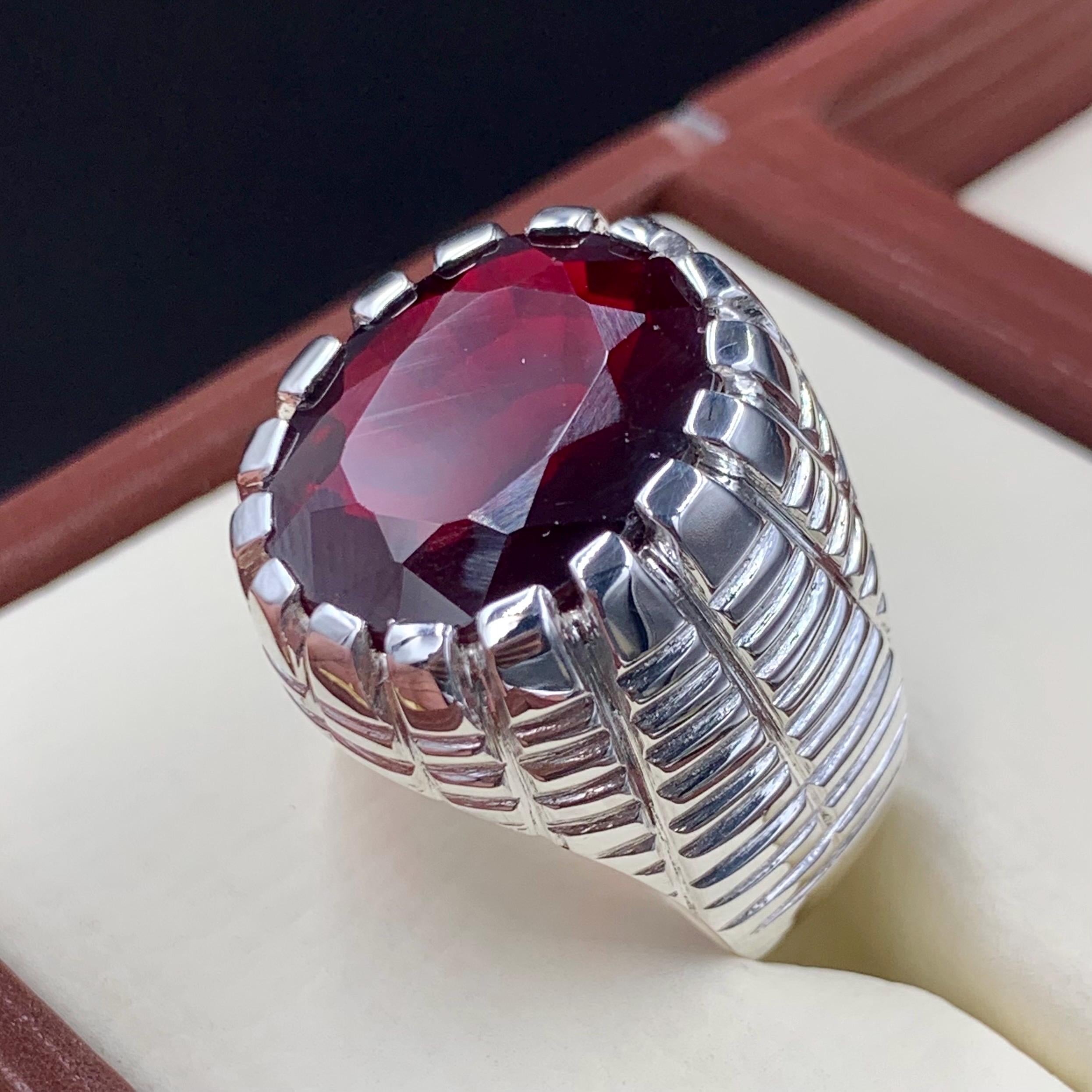 Handcrafted Mens Garnet Ring, Red Garnet 925 Sterling Silver Ring, Garnet Ring