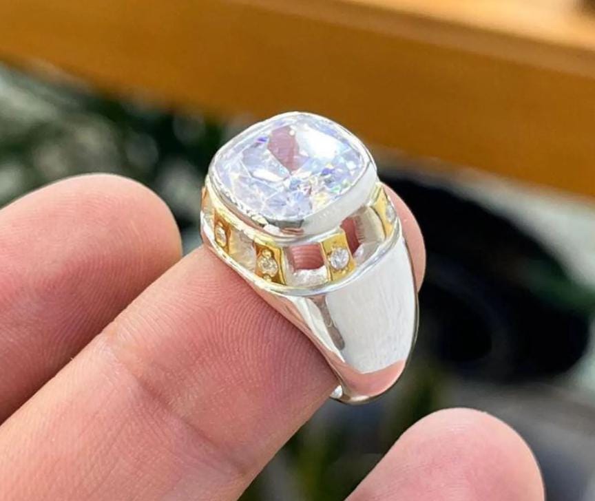 Handcrafted High Quality White Zircon Ring Sterling Silver 925 Zircon Ring, Beautiful White Zircon Ring, Golden Zircon Ring