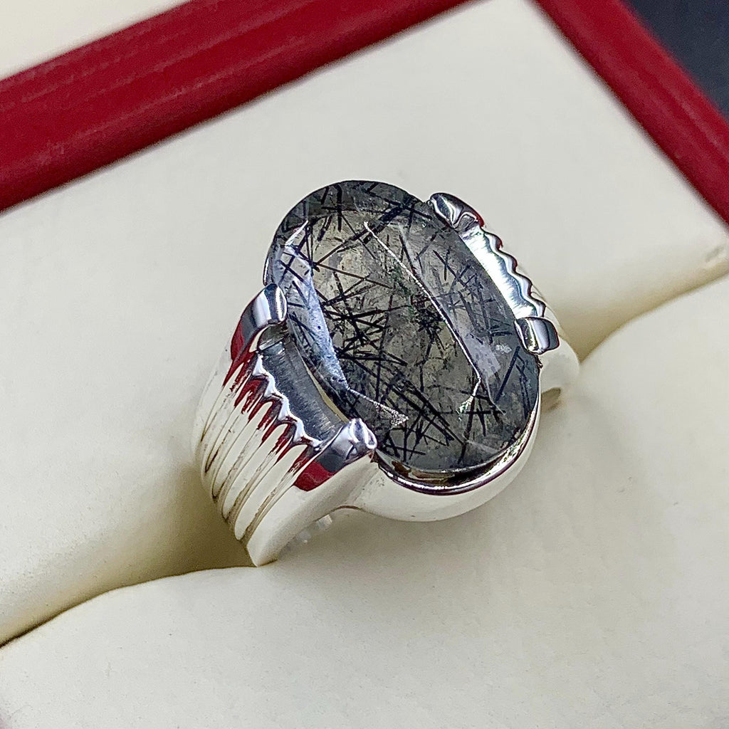 Handcrafted Black Rutilated Quartz 925 Sterling Silver Ring, Natural MuheNajaf Ring For Men, Shia Ring