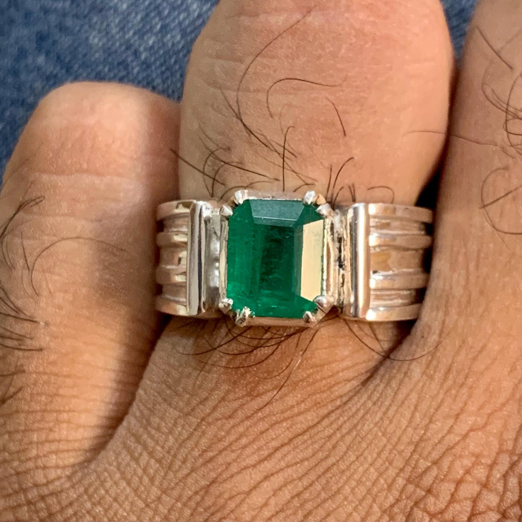 Handcrafted 2+ Carats Mens Emerald Ring, Natural Emerald 925 Sterling Silver Ring, Zamurd Ring For Men