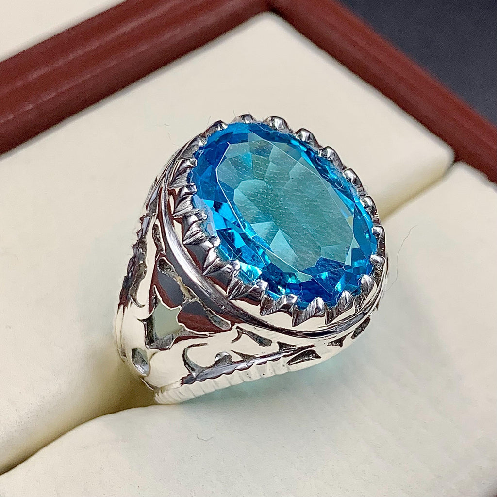 Handcrafted Blue Topaz Ring For Men, 925 Sterling Silver Topaz Stone Ring, Man Made Topaz Ring