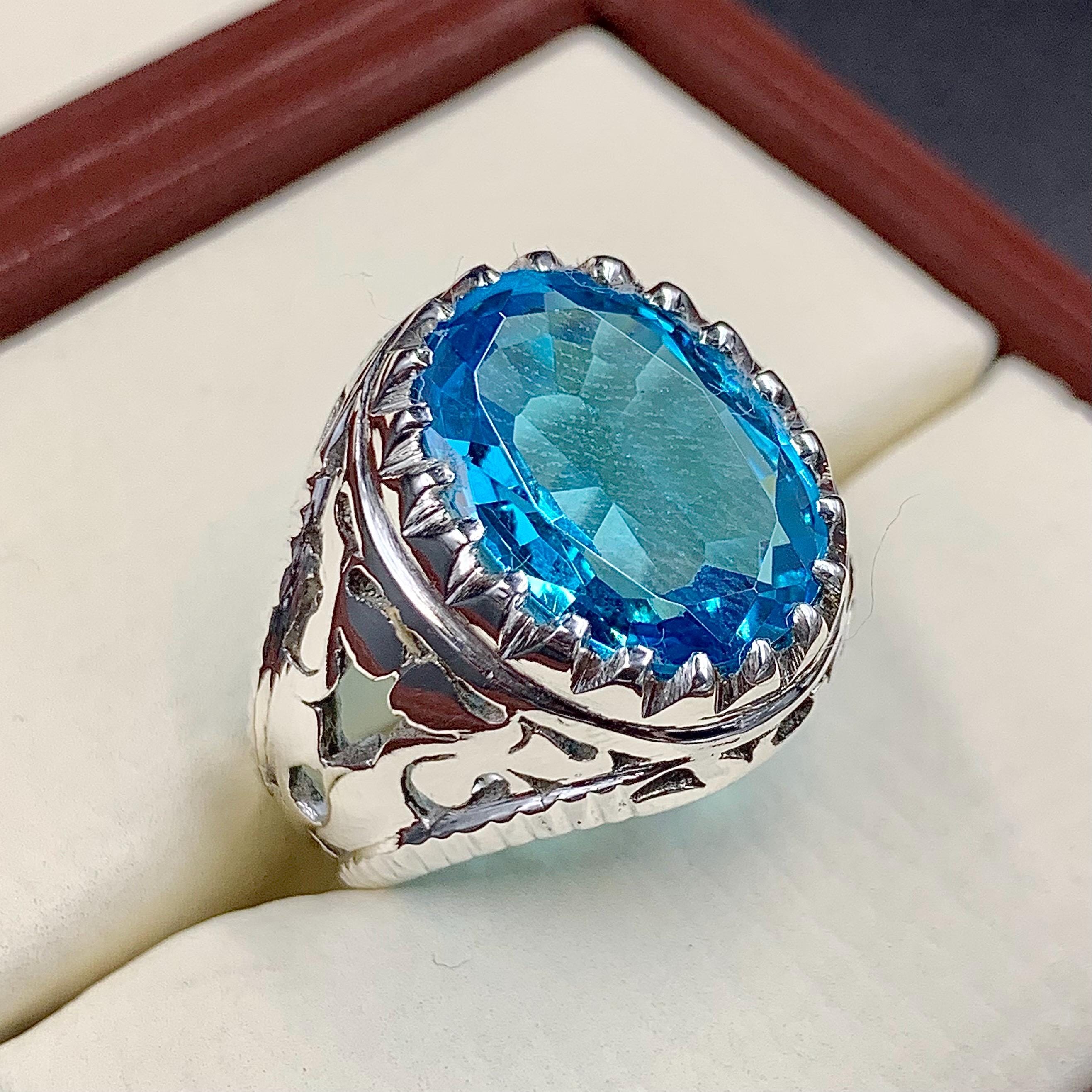 Handcrafted Blue Topaz Ring For Men, 925 Sterling Silver Topaz Stone Ring, Man Made Topaz Ring