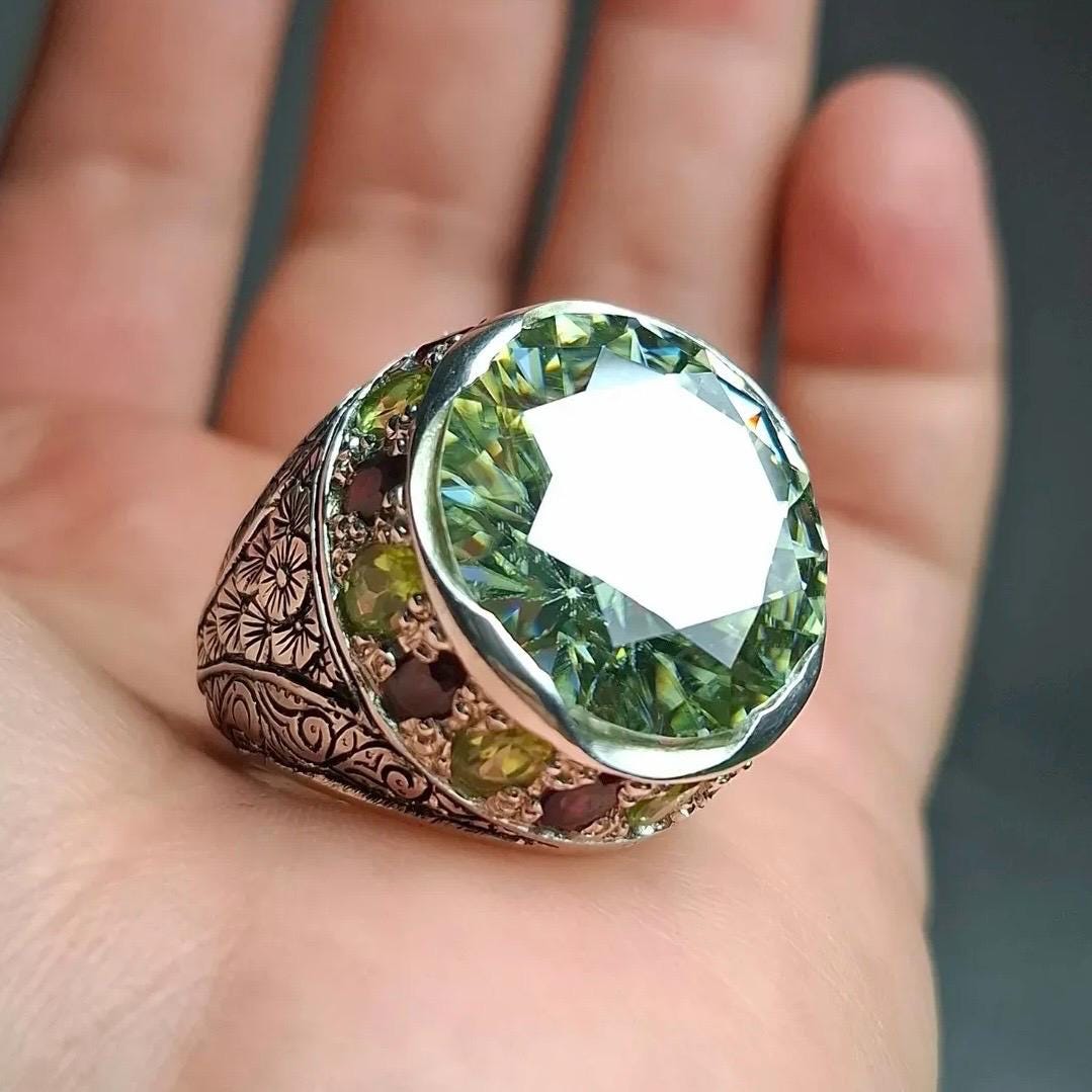 10 Carat Certified Moissanite Diamond Sterling Silver 925 Ring, Man Made Diamond Engagement Ring, Natural Peridot & Ruby