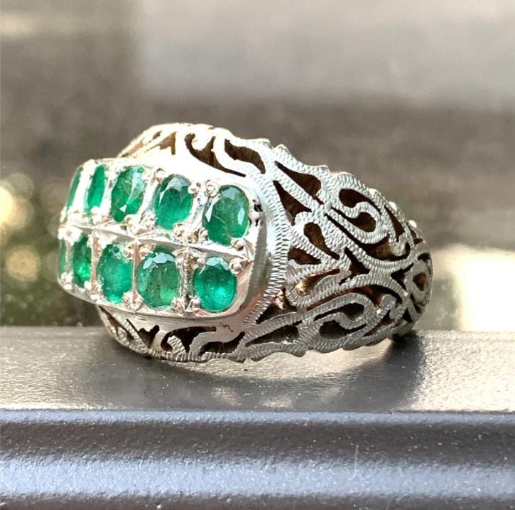 Handcrafted 5 Carats Mens Emerald Ring, Natural Emerald 925 Sterling Silver Ring, Zamurd Ring For Men