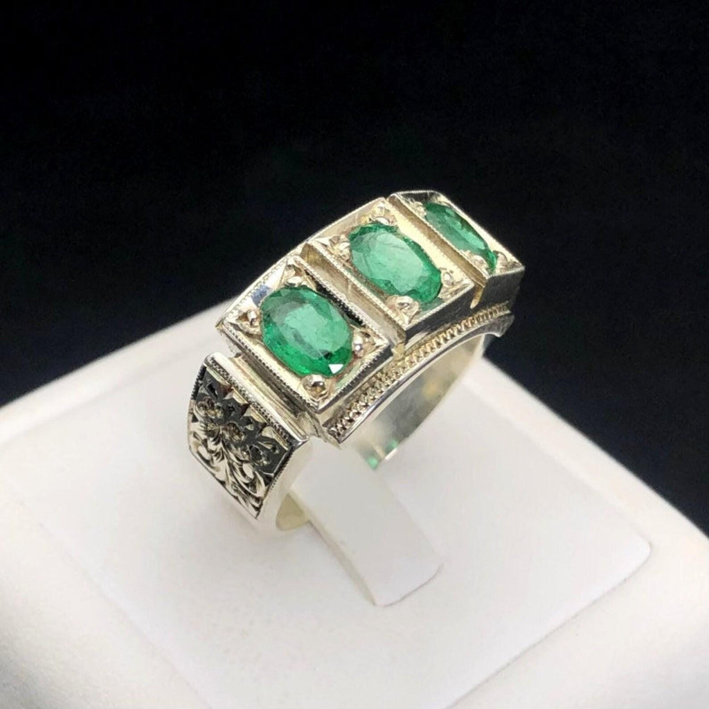 Handcrafted Emerald Ring, Natural Emerald 925 Sterling Silver Ring, Zamurd Ring For Men