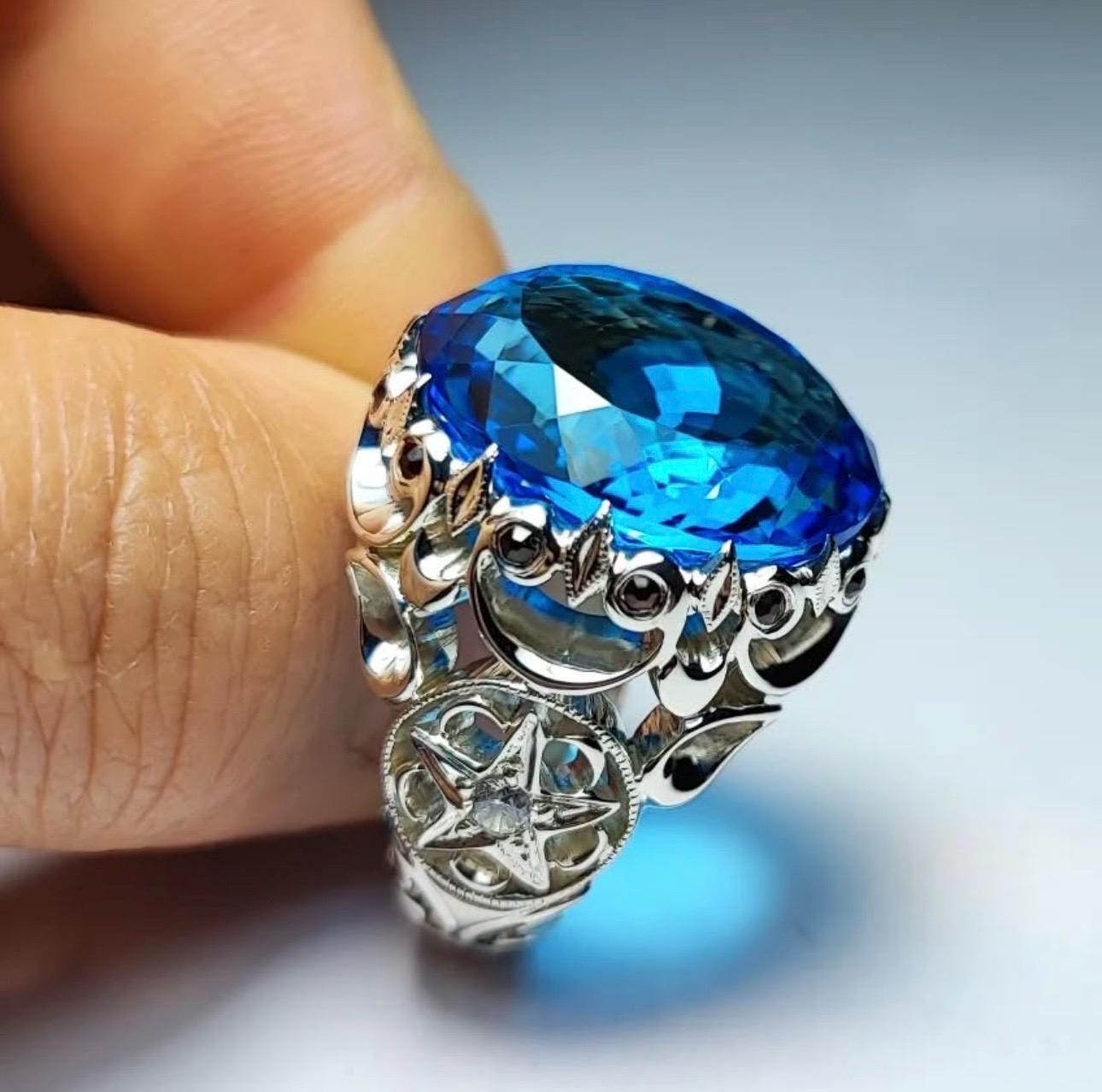 Handcrafted Blue Topaz Ring For Men, 925 Sterling Silver Topaz Stone Ring, Man Made Topaz Ring