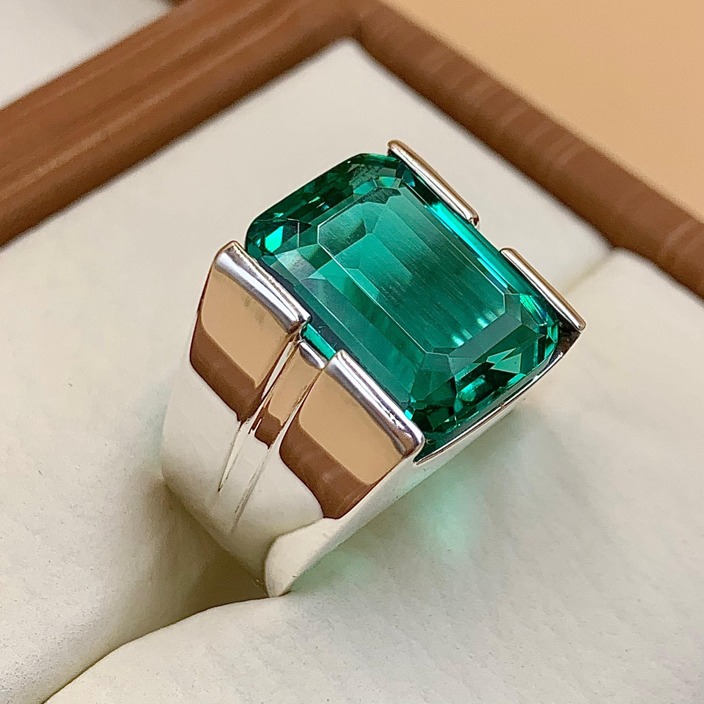 Handcrafted 12 Carat Rich Green Emerald Ring For Men, 925 Sterling Silver Emerald Stone Ring, Emerald Gemstone Ring