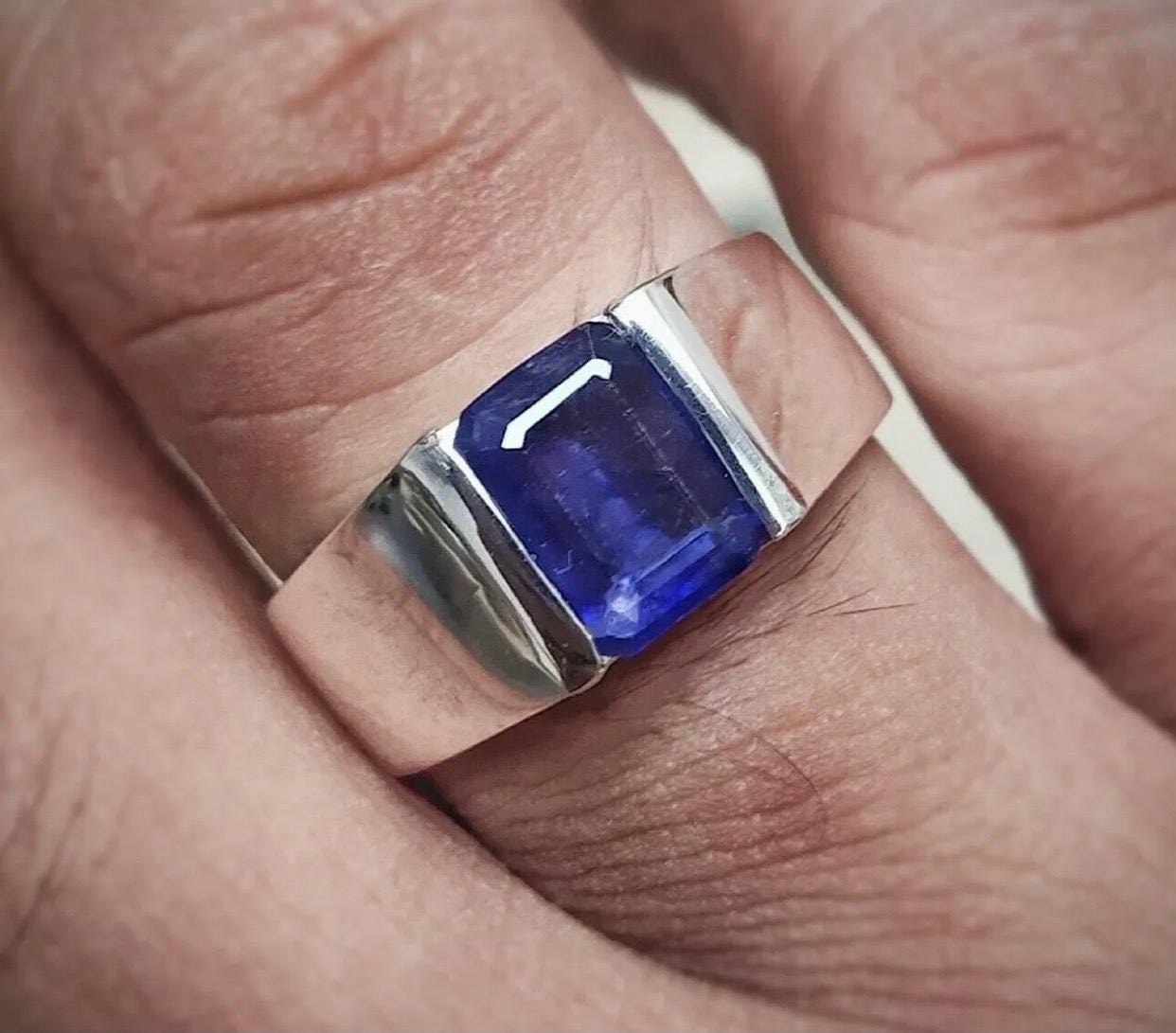 Handcrafted 4 Carats Emerald Cut Sapphire Ring, Blue Sapphire Ring, Natural Sapphire 925 Sterling Silver Ring, Neelam Ring