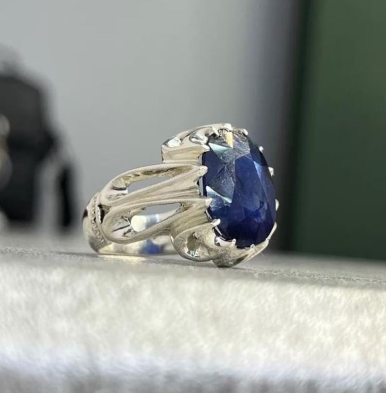 Handcrafted Big Blue Sapphire Ring, Mens Sapphire Ring, Natural Sapphire 925 Sterling Silver Ring, Neelam Ring