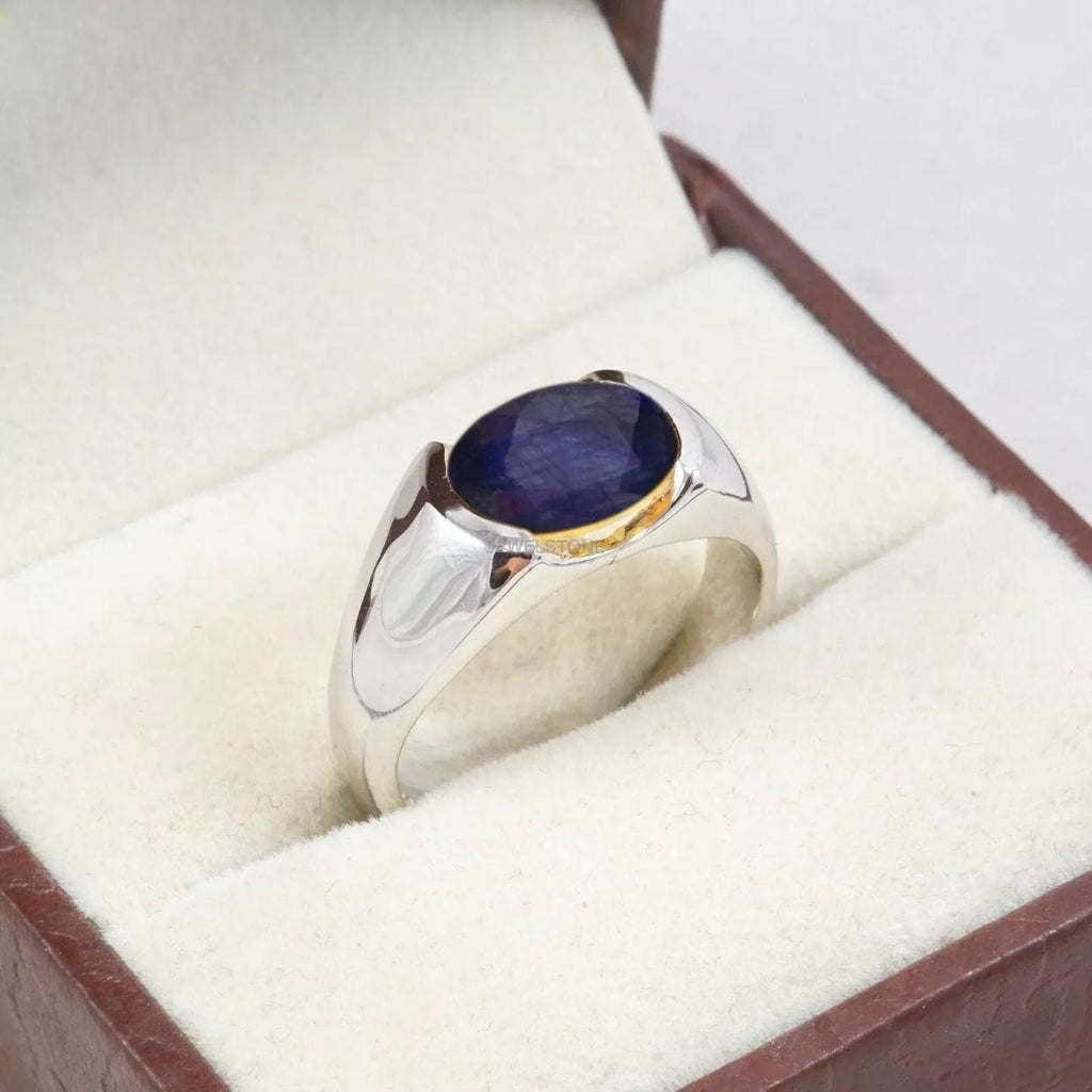 Handcrafted Blue Sapphire Ring For Men & Women, Gold Plated  Natural Sapphire 925 Sterling Silver Ring, Neelam Ring