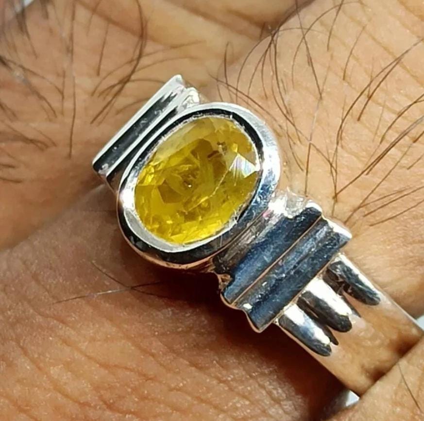 Handcrafted Mens Sapphire Ring, Yellow Sapphire Ring, Natural Sapphire 925 Sterling Silver Ring, Pukhraj Ring