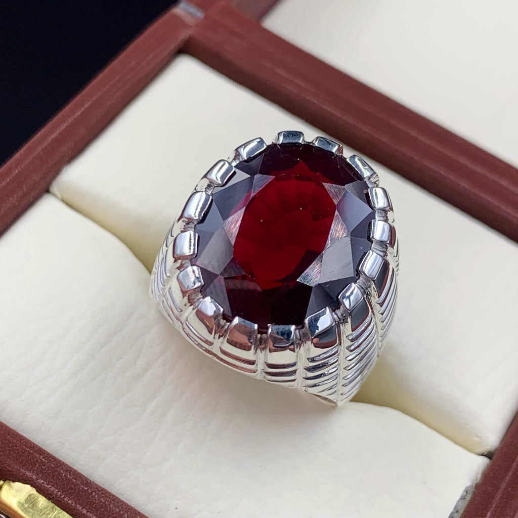 Handcrafted Mens Garnet Ring, Red Garnet 925 Sterling Silver Ring, Garnet Ring