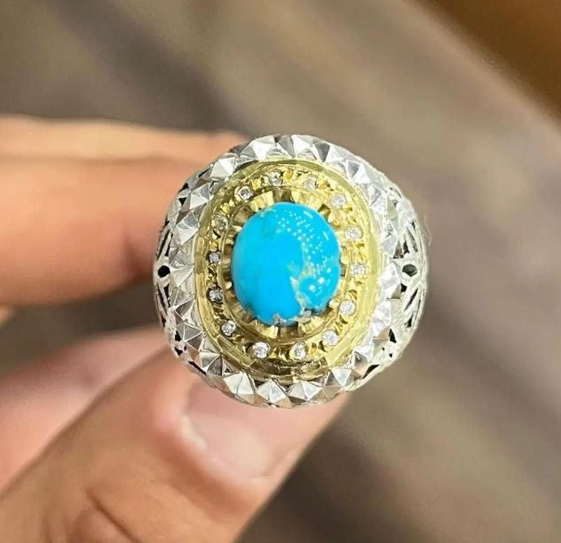 Handcrafted Men Turquoise Ring, 925 Sterling Silver For Men, Natural Feroza Ring, Shia Ring