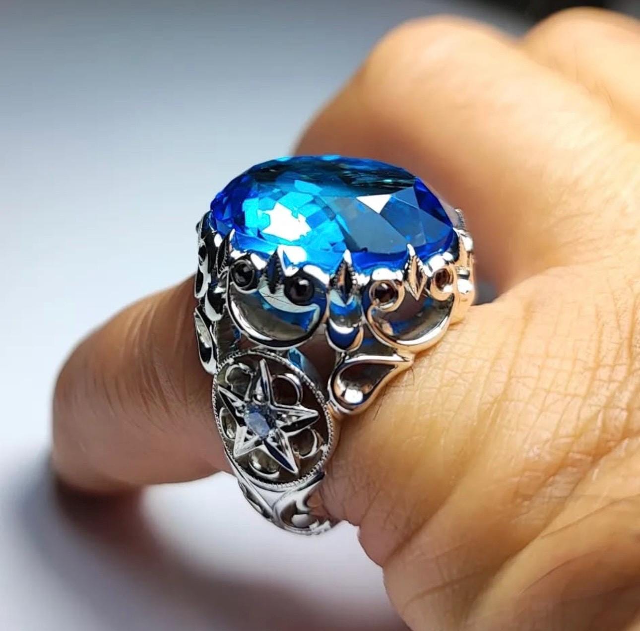 Handcrafted Blue Topaz Ring For Men, 925 Sterling Silver Topaz Stone Ring, Man Made Topaz Ring