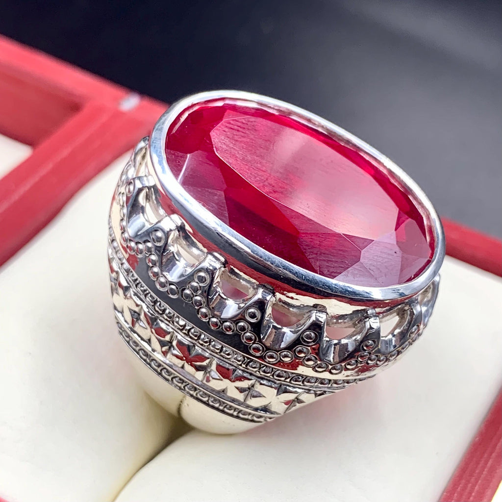 Handcrafted 40 Carats Deep Red Ruby Mens Ring Sterling Silver 925 Anari Yaqoot Ring Ruby Gemstone Ring